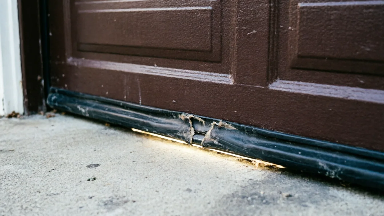The bottom of a brown garage door has a torn weather seal.