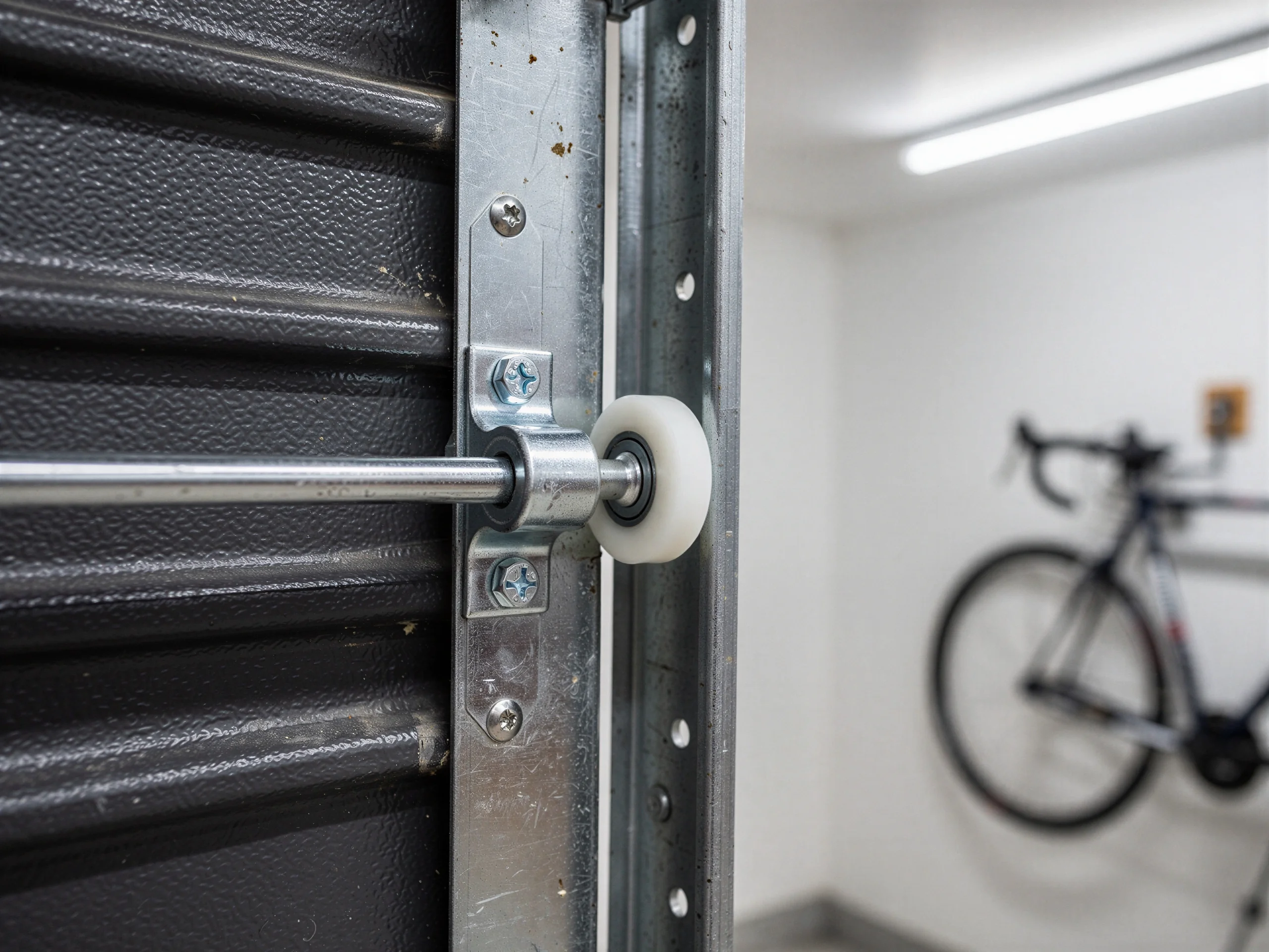 A garage door roller is visible on a metal track, with a bicycle in the background.