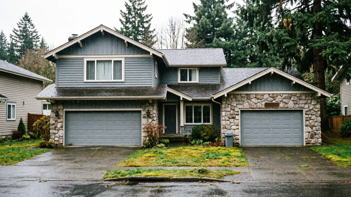 A gray house with two gray garage doors and stone accents.
