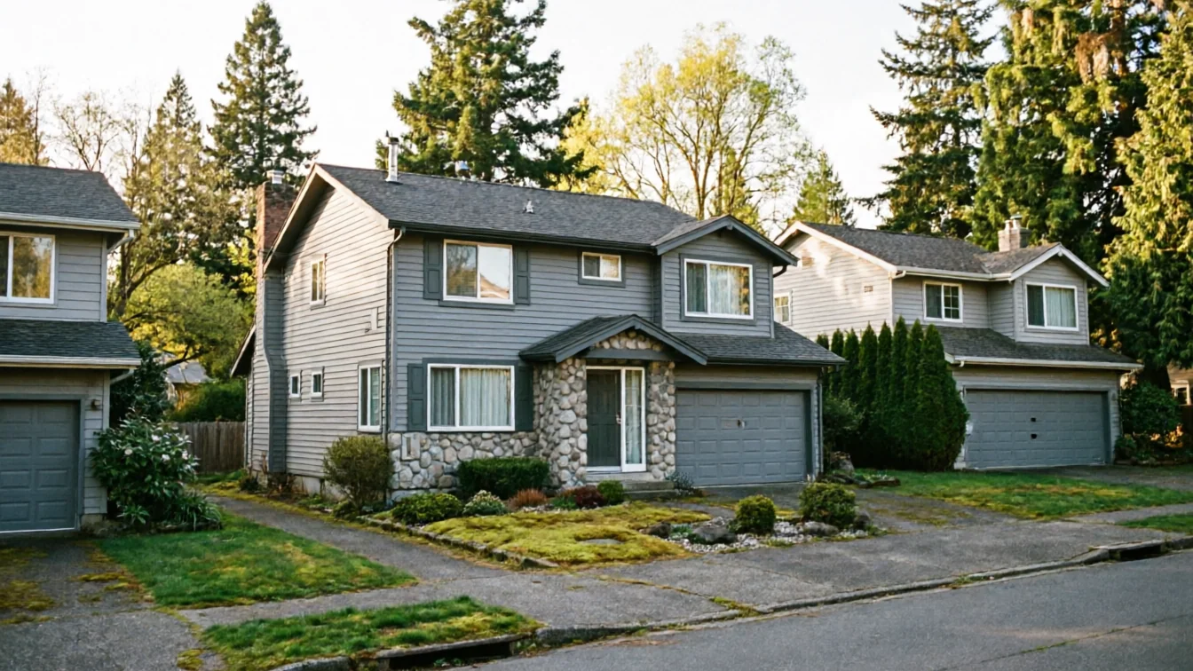 Three gray houses with gray garage doors line a street.