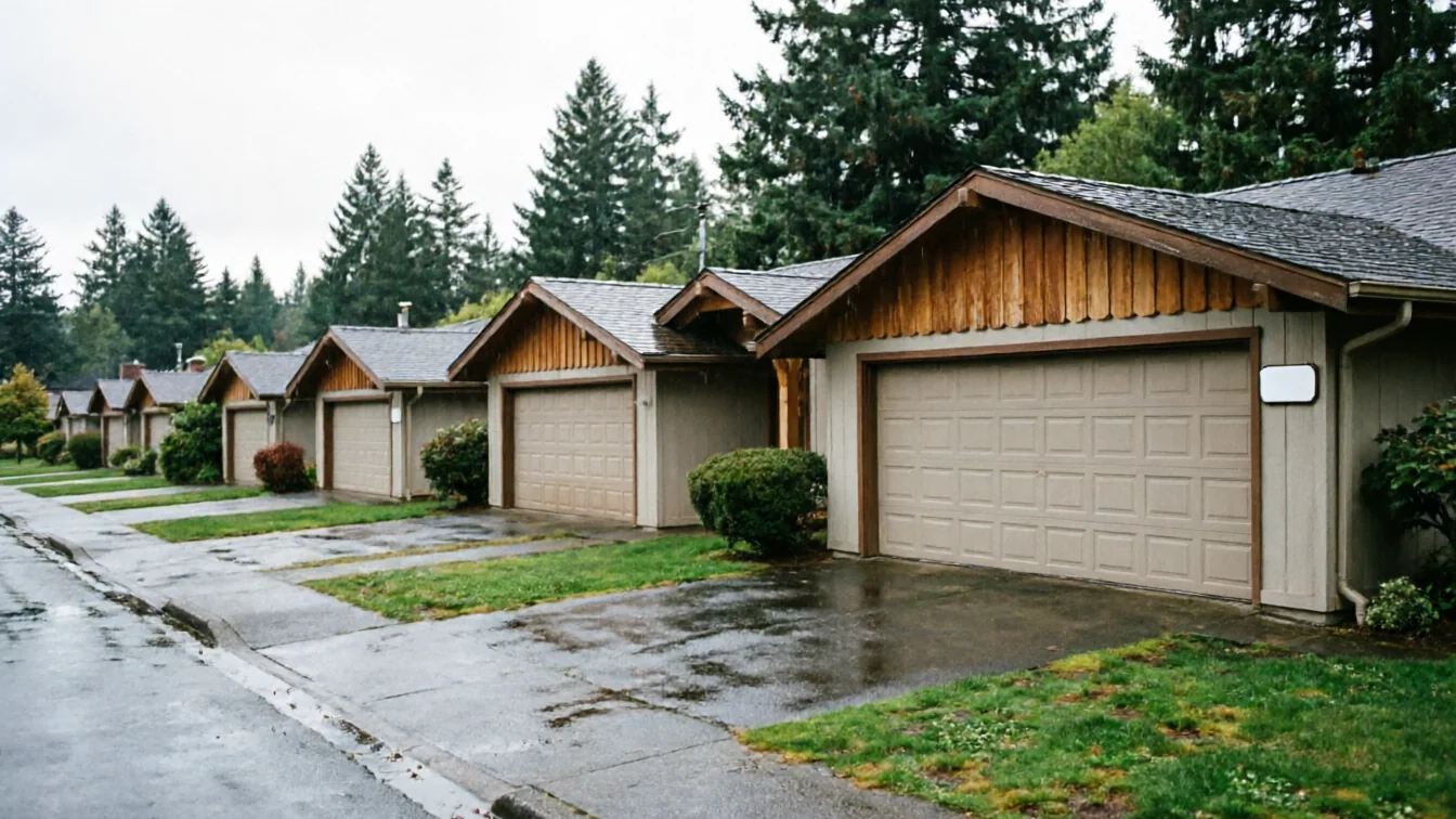 A row of houses with beige garage doors and brown trim on a wet street.