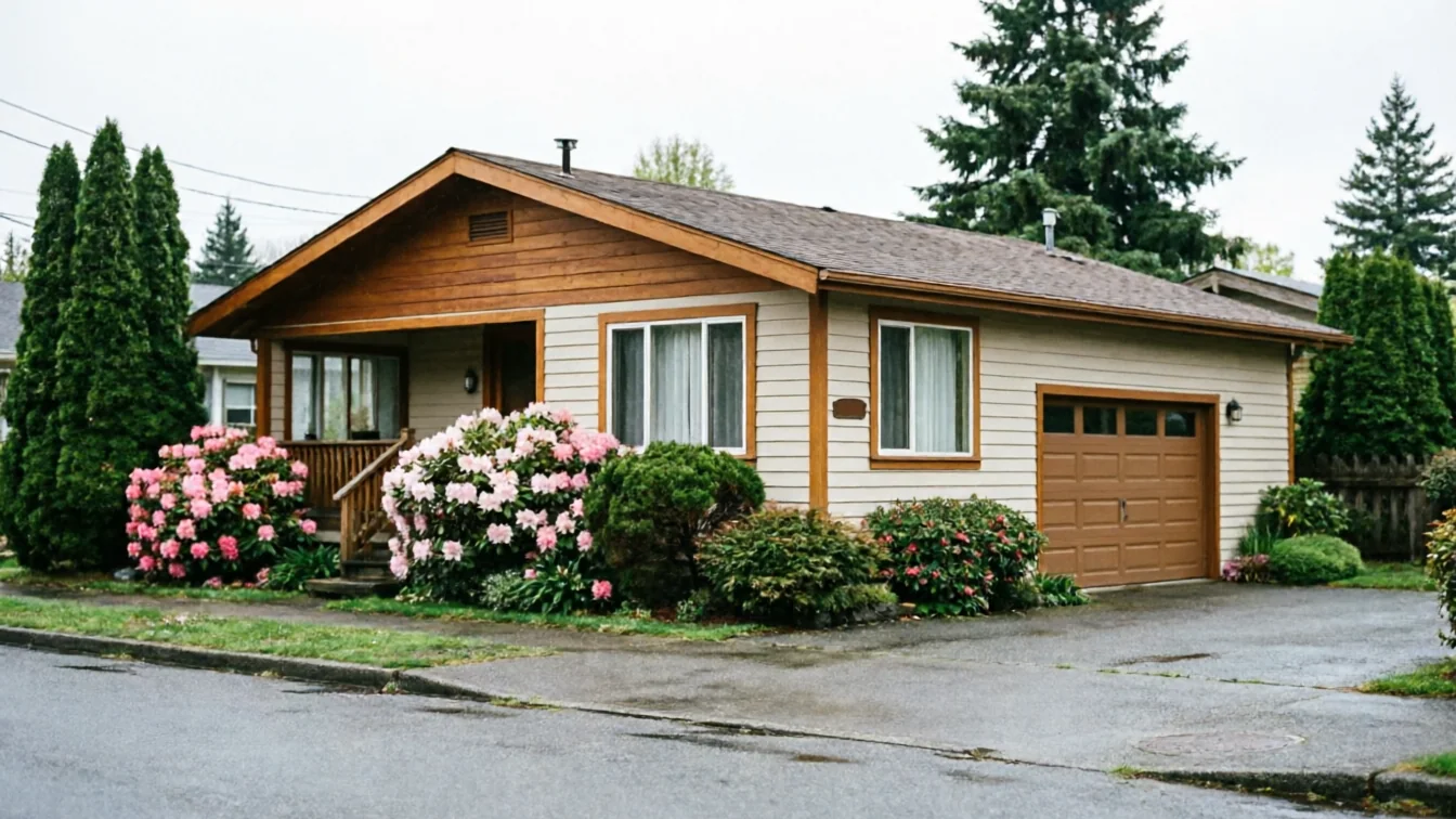 A small house with a brown garage door and pink flowering bushes.